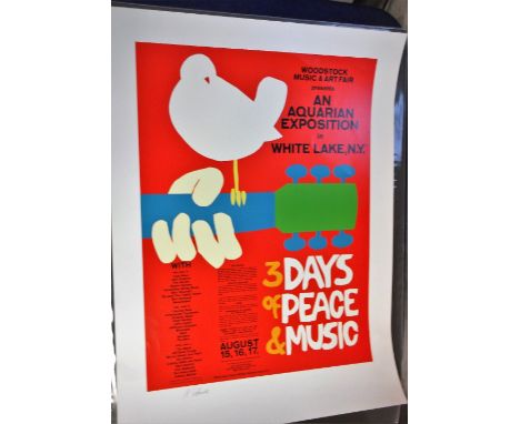 Music Memorabilia, two posters, Woodstock 1969 second print poster signed by Arnold Skolnick (original poster designer) &amp;