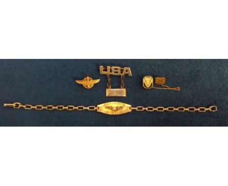 Collectables, delicate gold USA Army Air Corps identity bracelet and gold pin together with a silver USA badge and another '1