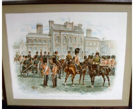 Collectables, 7 framed military prints to include 6 by Harry Payne 'Mounting the Colonel' issued by Greenlees Brothers Scotch