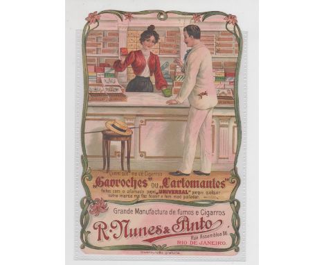 Tobacco advertising, Brazil, R. Nunes &amp; Pinto, die-cut advertising showing man purchasing cigarettes from lady in shop, a