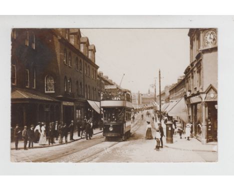 Postcard, Walthamstow, RP showing tram at Hoe St, Walthamstow with animated street scene, p.u 1912, (one corner cr o/w gd) (1