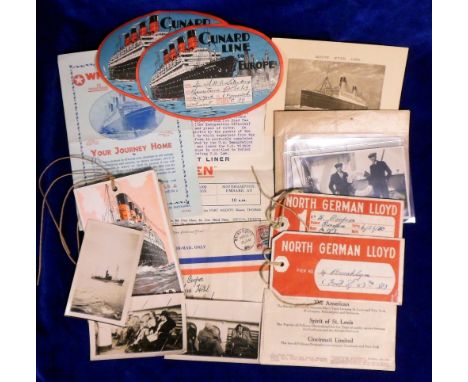 Ephemera, Shipping, a small selection of vintage items inc. Cunard illustrated baggage labels 1929, also North German Lloyd b