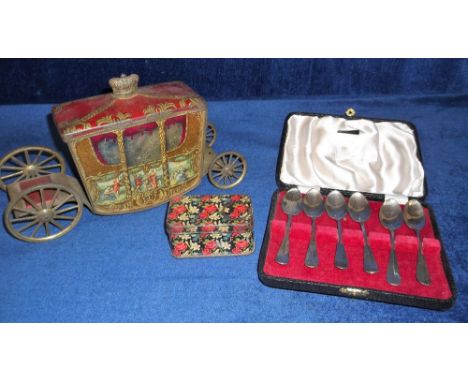 Collectables, W &amp; R Jacobs Coronation Coach biscuit tin (fair), boxed set of 6 Viners silver coffee spoons (Sheffield, 19