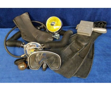 Diving, a selection of diving equipment to include 2 pairs of flippers (Jetfin and Cressi), dagger, goggles, skin diver's bel