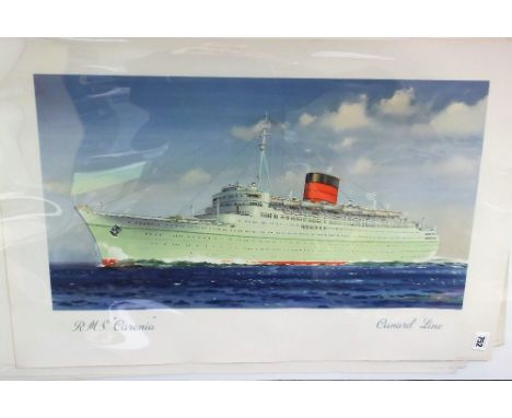 Ephemera, Shipping, 6 Cunard advertising prints featuring Queen Elizabeth, Queen Mary, The New Carmania, Mauretania, RMS Caro
