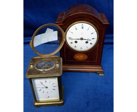 Collectables, 1 vintage wood-cased mantle clock retailed by Harrods of London and 1 vintage solid brass skeleton carriage clo