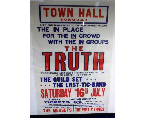 Music poster, The Truth, gig poster from The Town Hall Torquay 16 July 1966, also advertising future gig's for The Merseys an