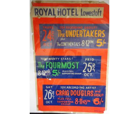 Music poster, The Undertakers / The Fourmost / Craig Douglas ,  gig poster from The Royal  Hotel, Lowestoft, October 1963, 20