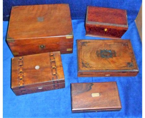 Collectables, 6 Victorian wooden boxes to comprise a writing slope with brass corners (locked no key), a tea caddy, an uphols