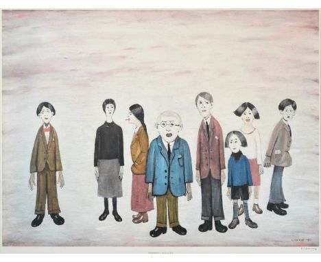 After Laurence Stephen Lowry RBA, RA (1887-1976)''His Family''Signed, with the blindstamp for the Fine Art Trade Guild, a col