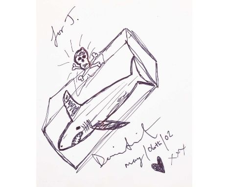 Damien Hirst (b.1965)Shark and skullSigned and dated May 6th (20)02, inscribed "for J", pen and ink, 15cm by 12.5cm (unframed