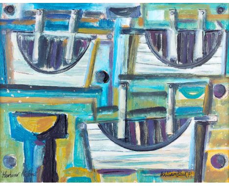 William Black (20th Century)"Harbour Abstract"Signed, inscribed and dated (19)71, mixed media on board, 33cm by 42cm