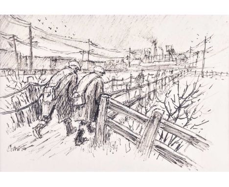 Norman Stansfield Cornish MBE (1919-2014)Miners trudging to work on the pit roadSigned, flomaster pen, 19cm by 27.5cmSlight c