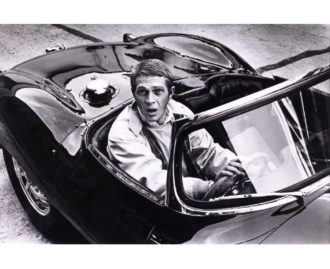 William Claxton (1927-2008) American "Steve McQueen in his Jaguar XKSS, Paramount Studios 1962"Signed verso, no. 5/15, silver