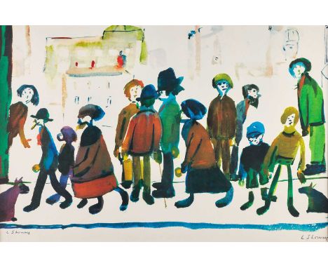 After Laurence Stephen Lowry RBA, RA (1887-1976)"People Standing About"Signed, with the blindstamp for the Fine Art Trade Gui