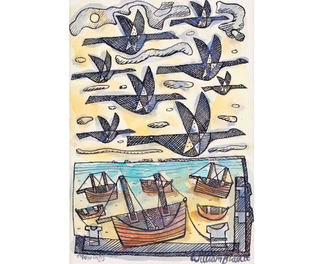William Black (20th Century) "Moorings" Signed, inscribed and dated (19)68, ink and wash, together with a further work by the