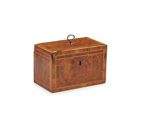 GEORGE III MAHOGANY AND BOXWOOD PARQUETRY TEA CADDY LATE 18TH/ EARLY 19TH CENTURY the crossbanded lid and sides with hatched 