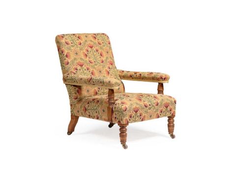 VICTORIAN OAK OPEN LIBRARY ARMCHAIR, GILLOWS  LATE 19TH CENTURY the square padded back above a square seat flanked by open pa