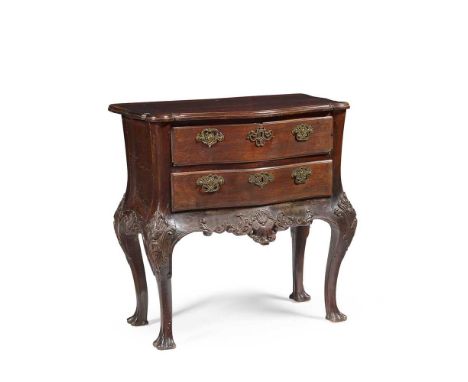 DUTCH-COLONIAL PADOUK COMMODE 18TH CENTURY the serpentine top above two bombé drawers and a foliate and shell carved apron, r