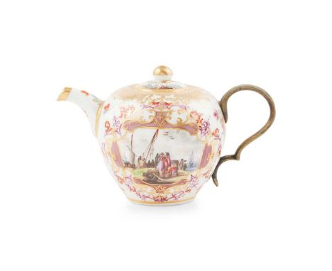 MEISSEN MINIATURE TEAPOT AND COVER CIRCA 1730-40 of ovoid form, with a faceted spout; painted to each side with a kauffahrtei