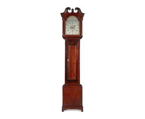 GEORGE III OAK LONGCASE CLOCK, ROBERT WELSH, DALKEITH 18TH CENTURY the hood with a swan neck pediment carved with roses and a