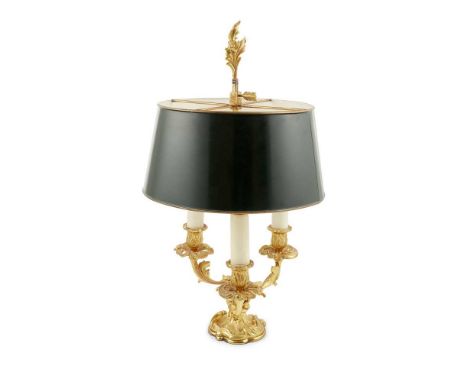 GILT METAL AND GREEN TOLE SHADE BOUILLOTE LAMP 20TH CENTURY in the Louis XV style with three scrolling foliate branches on a 