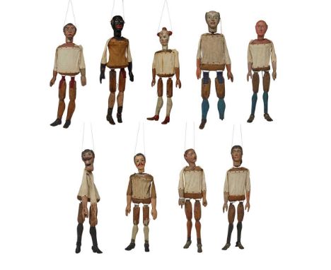 GROUP OF NINE VICTORIAN CLOWES AND SONS EXCELSIOR MARIONETTES LATE 19TH/ EARLY 20TH CENTURY comprising a stock villain, a mal