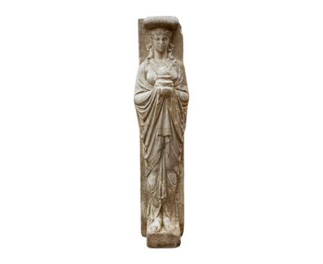 CARVED STATUARY MARBLE CARYATID FIREPLACE JAMB EARLY 19TH CENTURY modelled as a vestal virgin holding a flaming urnDimensions