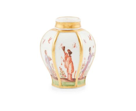 MEISSEN HEXAGONAL TEA CADDY AND COVER CIRCA 1725-30 of baluster form, with recessed panels, each painted with chinoiserie dec