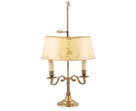BRASS BOUILLOTE LAMP 20TH CENTURY with two scrolling branches with acanthus pans on a socle base with serpentine moulded edge