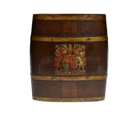 OAK BARREL STICK STAND 19TH CENTURY of flattened form of staved construction with brass bands, with a Royal coat-of-arms to o