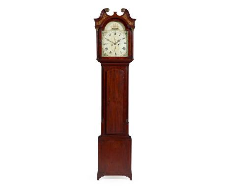 SCOTTISH MAHOGANY LONGCASE CLOCK, PATERSON, LEITH EARLY 19TH CENTURY the hood with a swan neck pediment and arched painted di