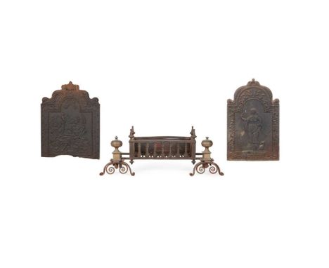 EARLY GEORGIAN WROUGHT IRON AND BRASS FIRE BASKET AND FIREBACK EARLY 18TH CENTURY the basket with ring-cast spindles and fini