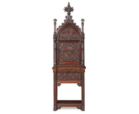 GOTHIC STYLE OAK TABERNACLE AND STAND LATE 18TH CENTURY INCORPORATING SOME EARLIER COMPONENTS the ogee arch pediment with a f