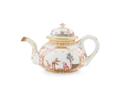 MEISSEN KPM TEAPOT CIRCA 1730 of squat globular form with a grotesque mask at the base of the spout; painted to each side wit