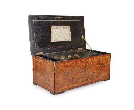 SWISS MUSIC BOX LATE 19TH CENTURY the brass cylinder chiming nine bells and playing eight airs, with original tune card to th