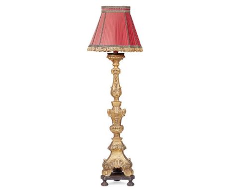 CONTINENTAL LARGE GILTWOOD PRICKET STANDARD LAMP 19TH CENTURY in the baroque style, carved with shell motifs, C scrolls, and 
