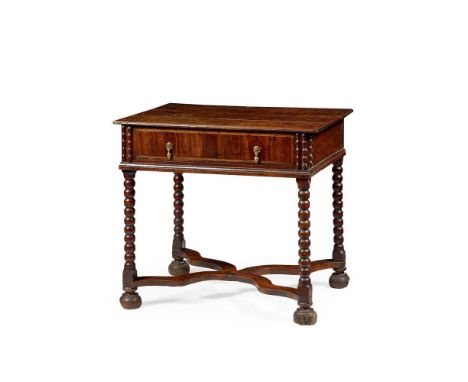 WILLIAM AND MARY OAK AND WALNUT SIDE TABLE LATE 17TH CENTURY with a banded frieze drawer flanked by bobbin-turned corners, ra