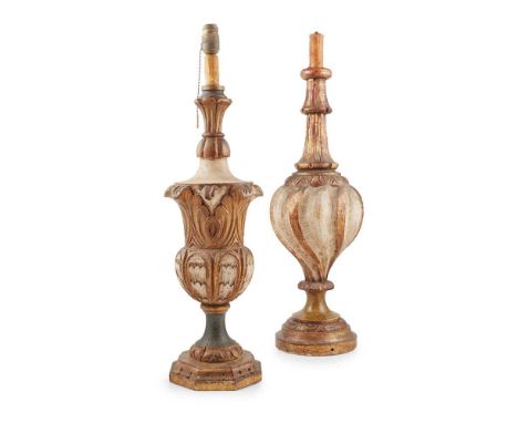 TWO SPANISH CARVED AND POLYCHROMED LAMP BASES 19TH CENTURY each painted in gilt, cream and green, the larger of waisted balus