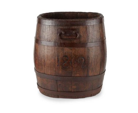 BARREL STICK STAND 19TH CENTURY  of oval staved construction with iron bands and bail handles, carved number 1862 to one side