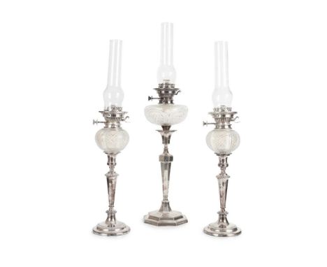 THREE HINKS &amp; SON SILVER AND PLATE OIL LAMPS LATE 19TH/ EARLY 20TH CENTURY including a larger lamp with a silver octagona