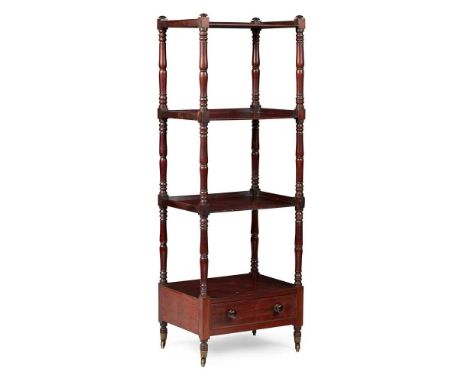 REGENCY MAHOGANY WHATNOT EARLY 19TH CENTURY with three tiers with three-quarter galleries and a base drawer, raised and divid