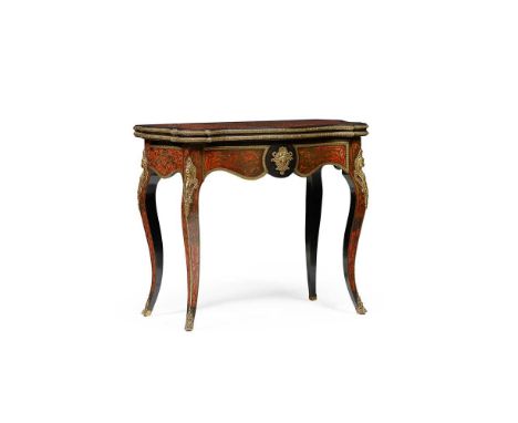 NAPOLEON III EBONISED AND BOULLE MARQUETRY CARD TABLE 19TH CENTURY of serpentine outline, the fold-over top pivoting to open 