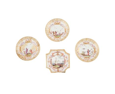 SMALL MEISSEN SHAPED DISH CIRCA 1730-40 painted to the centre with a kauffahrtei quayside scene within a gilt scroll cartouch