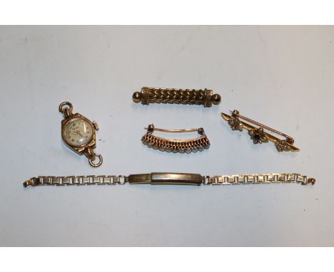 A 15ct gold bar brooch set with blue stone and seed pearls, approx. 3.2gms; a yellow metal and pearl set bar brooch (converte