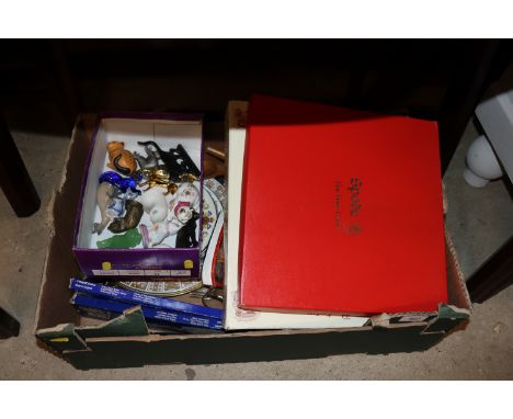A box containing various table glassware, scotch whisky decanter, various cat ornaments, Spode plate in box etc.