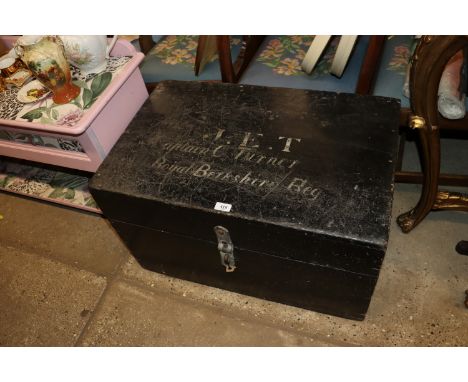 A Military wooden trunk, top marked J.E.T. Captain C. Turner Royal Berkshire Reg.Major Charles Turner was the father of Victo