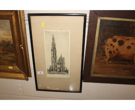 A pencil signed etching, Continental cathedral dated 1925