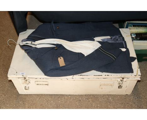 A post war R.A.F. uniform jacket, trousers and side cap together with a metal military style trunk  