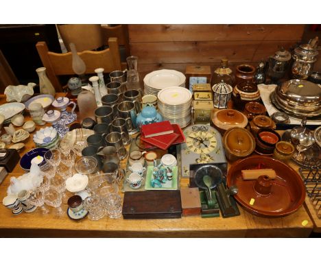 A large quantity of miscellaneous items to include dinnerware, tankards, table glassware, chamber sticks, oil lamp, salt glaz
